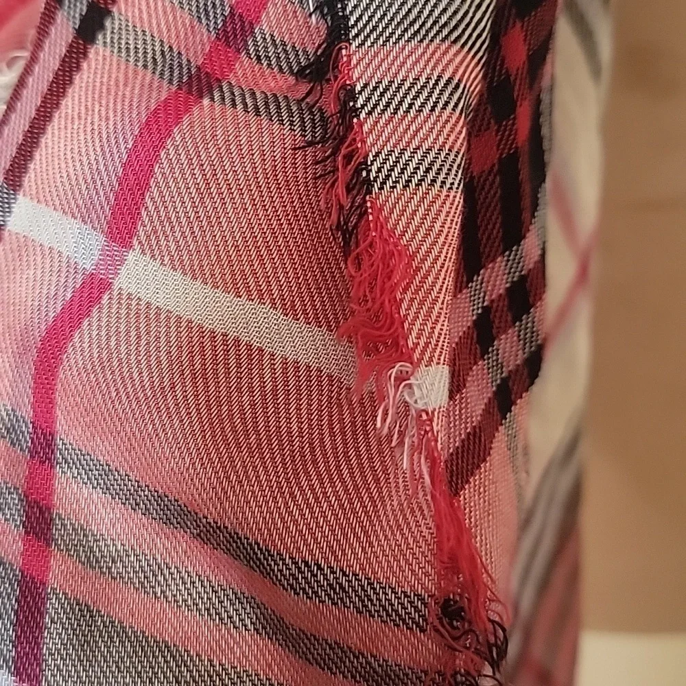 Red White and Black Plaid Scarf with Raw Hem and Tassles